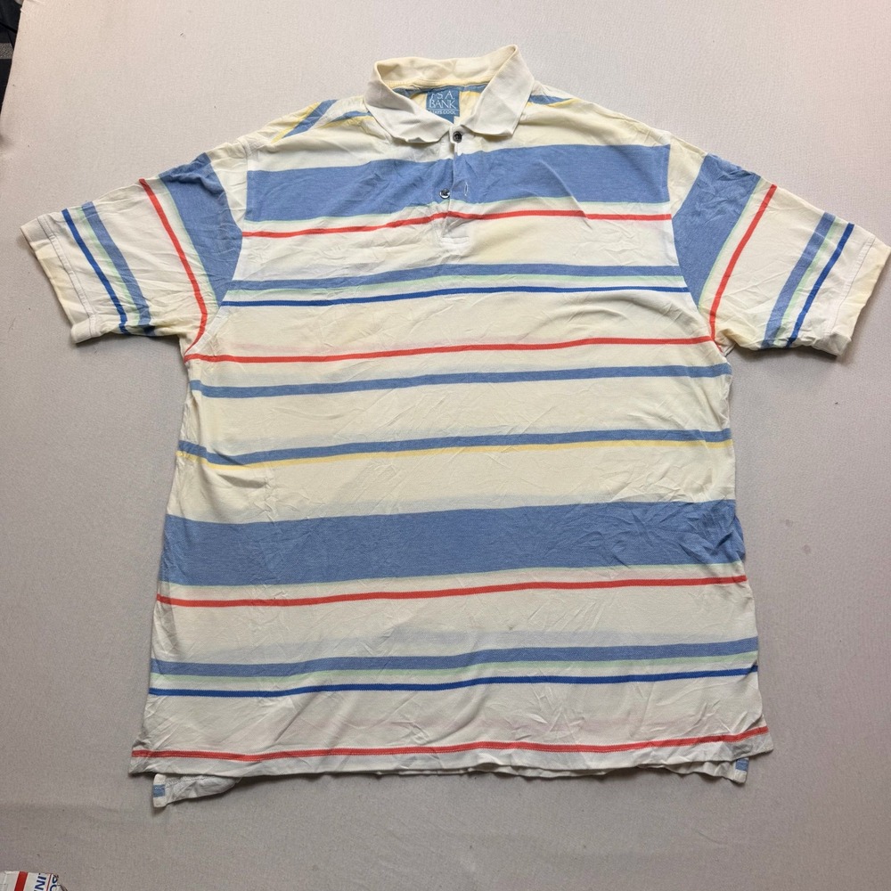 Jos. A. Bank Polo Shirt Mens Medium White Striped Fair Stays Cool Short Sleeve